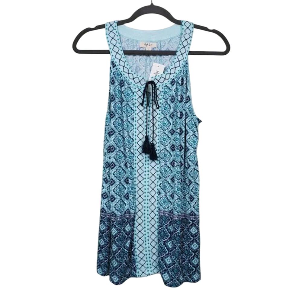 Style & Co Sleeveless Tassel Tie Top Womens Size L Turquoise Diamond Print Rayon